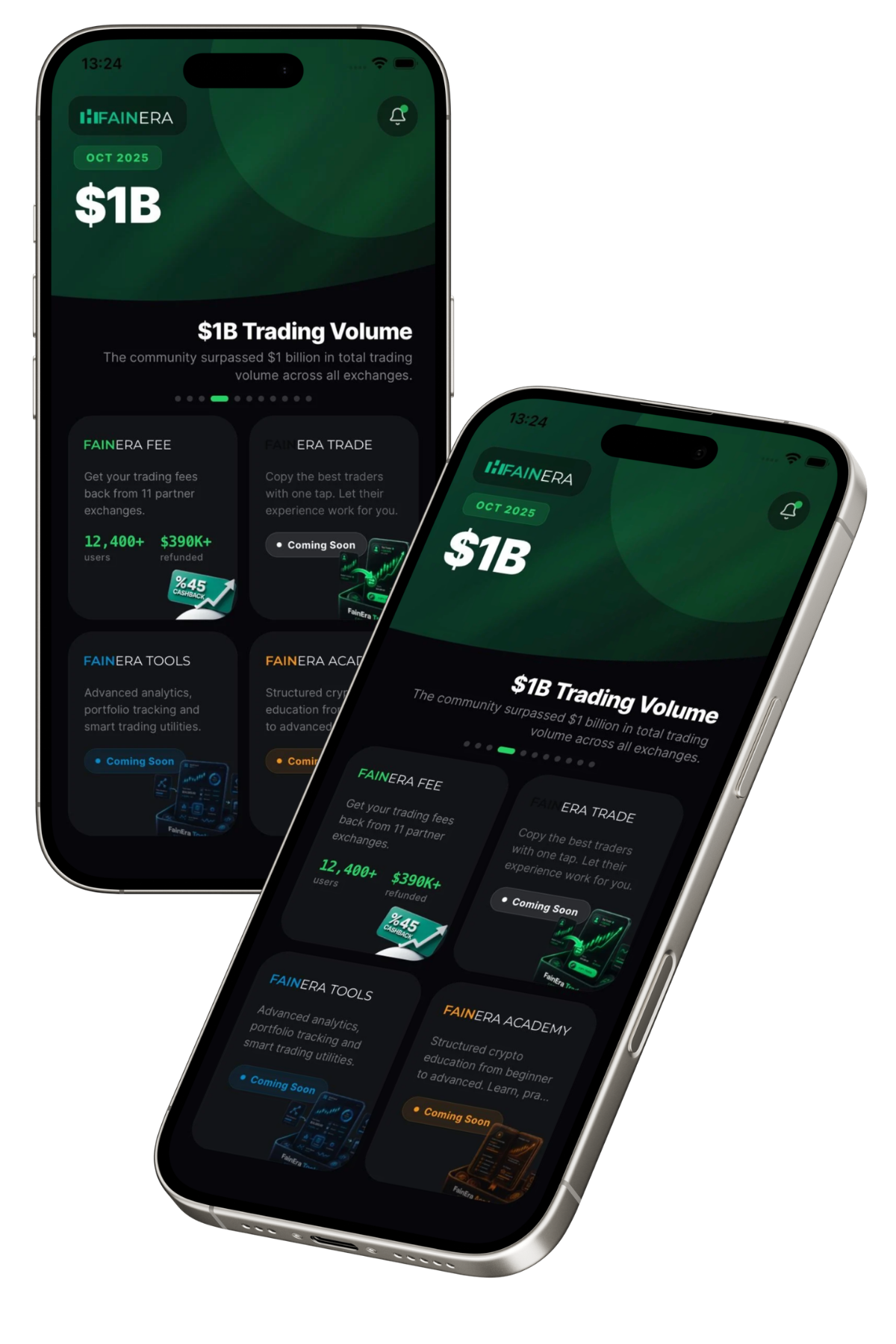 Two FainEra Trade mobile app screens showing the $1B trading volume overview